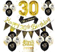 Decorazioni per 30° compleanno per donne e uomini, forniture per feste nere e dorate con striscione di buon compleanno, palloncini con numeri dorati da 32 pollici, palloncini coriandoli, fascia