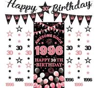 Decorazioni per 30° compleanno, striscioni da donna, 9 pezzi, nero e oro rosa, striscione di buon compleanno, impressionante dal 1996, tenda scintillante a pois da appendere per lei 30 anni forniture