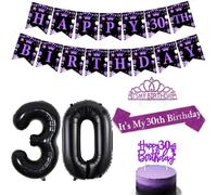 Decorazioni per 30° compleanno viola e nero con fascia per festone di buon compleanno viola glitterato topper per torta Tiara numero 30 palloncini in lamina kit per donne di 30 anni 30 ° compleanno