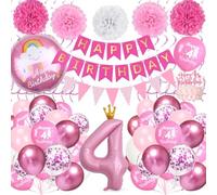 Decorazioni per 4° compleanno ragazza, set di decorazioni per feste rosa con palloncino grande numero 4, striscione di buon compleanno, pompon di carta per ragazze 4 anni decorazione per feste