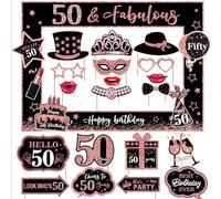 Decorazioni per 50° compleanno da donna, 25 pezzi nero e oro rosa, kit di accessori per cabina fotografica, Happy Fifty Birthday Party Selfie per lei (50° oro rosa)