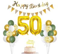 Decorazioni per 50° compleanno verde salvia per donne e uomini, striscione di buon compleanno, topper per torta, palloncino in lamina con numero 50, verde salvia, bianco, oro, coriandoli per feste di