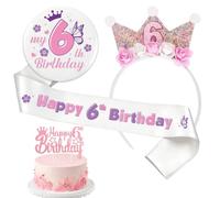 Decorazioni per 6° compleanno per ragazze, 4 pezzi, rosa viola Happy 6th Birthday Sash My 6th Birthday Badge Number 6 Flower Princess Crown Cake Topper per 6 anni Decorazione per feste e regali