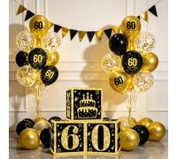 Decorazioni per 60° Compleanno - Addobbi 60 anni Compleanno Oro Nero Inclusi 60° Palloncini Compleanno, 3pezzi Oro Nero Scatole, Bandierine Triangolari per Uomo Donna 60 anni Decorazione Festa