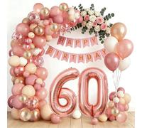 Decorazioni per 60° compleanno in oro rosa per donne, kit di ghirlande ad arco per 60° compleanno con numero 60 palloncini in alluminio, striscione di buon compleanno, palloncini coriandoli per donne