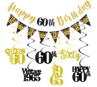 Decorazioni per 60° compleanno per uomini e donne, nero oro felice 60° compleanno banner da appendere vortici vintage 1965 decorazioni kit saluti a 60 forniture per feste