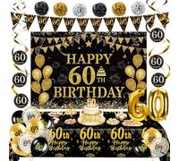Decorazioni per 60° compleanno per uomini e donne, sfondo per feste in oro nero con scritta "Happy 60th Birthday", set di decorazioni con numero di striscioni, tovaglia a palloncino in alluminio