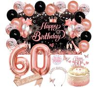 Decorazioni per 60° compleanno striscione, diadema, palloncini, badge e | Set di 34 pezzi, accessori di lusso per feste di compleanno con paillettes e accenti di diamante, per donne (oro rosa nero)