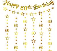 Decorazioni per 60° compleanno, striscione dorato, 4 pezzi, ghirlanda dorata per 60° compleanno, numero 60 cerchio a pois scintillanti, ghirlanda da appendere per felice 60 anni sessanta anniversario