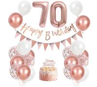 Decorazioni per 70° compleanno da donna, set di palloncini bianchi e oro rosa con striscione, topper per torta e fascia, elegante decorazione per feste per 70° compleanno