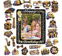 Decorazioni per 70° compleanno, unisex, 31 pezzi, colore nero e oro, cornice gonfiabile per selfie, occhiali fai da te, fiocchi per baffi per lei e lui, accessori per feste