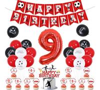 Decorazioni per 9° compleanno per ragazzi, striscione rosso con scritta "Happy Birthday", decorazioni per torte a tema calcio, palloncini da calcio rosso, nero, bianco, rosso, 9 palloncini da calcio