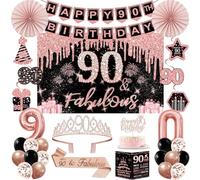 Decorazioni per 90° compleanno da donna, 32 decorazioni per feste di 90° compleanno, tra cui sfondo, corona, fascia, striscione, vortice da appendere, topper per torte, palloncini, biglietto di