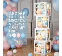 Decorazioni per Baby Shower, Scatole per Palloncini con 4 Luci a Corda, 45 Palloncini Rosa, Blu, Bianchi e 33 Lettere (UNO + BAMBINO + A-Z), Scatole per Bambini per Ragazzi e Ragazze, Baby Shower