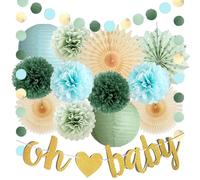 Decorazioni per baby shower verde salvia e blu lanterne di carta velina pompon verde oliva salvia e azzurro decorazioni per baby shower con striscione Oh Baby Gold per neonati