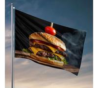 Decorazioni per birra per uomo caverna un hamburger succoso con formaggio, lattuga, pomodoro e una ciliegia sulla parte superiore. Bandiera divertente decorazione universitaria uomo decorazioni per