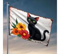 Decorazioni per dormitorio per ragazzi universitari, un gatto nero con gli occhi verdi si siede accanto ai vivaci fiori arancioni e rossi. Bandiera per i ragazzi bandiera mobili per sala giochi (120 x