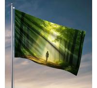 Decorazioni per dormitorio per ragazzi universitari Una persona cammina lungo un sentiero nella foresta mentre la luce solare filtra attraverso gli alberi. Bandiera Accessori per dormitorio College