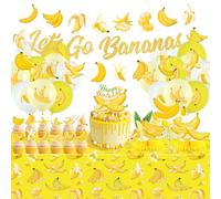 Decorazioni per feste a forma di banane, banane gialle per feste, include striscione Let's Go Banane, topper per torte, centrotavola a nido d'ape, tovaglia e palloncini per decorazioni a tema frutta