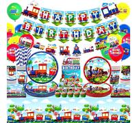 Decorazioni per feste a forma di treno, include striscione di buon compleanno, piatti, topper per cupcake, tovaglioli, tazze, tovaglie, per feste in treno e veicoli (striscione)