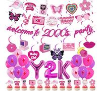 Decorazioni per feste a tema anni '2000, set da 44 pezzi, rosa Y2K, stile | Banner da appendere turbinii topper per torte palloncini in lamina arcobaleno cuori elementi per primi anni 2000 donne