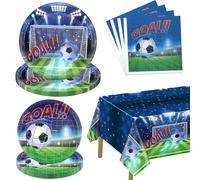 Decorazioni per feste a tema calcio, 61 pezzi, decorazioni per feste di compleanno con piatti di carta, tovaglioli, tovaglia da calcio, per uomini e ragazzi, forniture per feste a tema calcio, 20