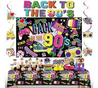 Decorazioni per feste anni '90 includono striscione, sfondo, centrotavola a nido d'ape, vortici da appendere, tovaglia, palloncini, decorazioni per torte per feste a tema anni '90