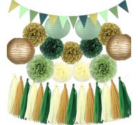 Decorazioni per feste color verde salvia e oro, 28 pompon di carta velina da appendere, fiori, lanterne di carta triangolari, bandierine per matrimoni, feste di compleanno, addio al nubilato, baby