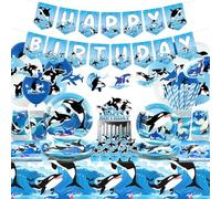 Decorazioni per feste con orca oceanica, striscione di buon compleanno, topper per torte, stoviglie, tovaglia e palloncini per orche assassine, forniture per feste sotto il mare, per 20 persone