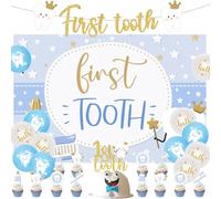 Decorazioni per feste dentali, striscione con glitter primo dente, blu, sfondo a 1 dente decorazione per torta decorazione cupcake toppers denti motivo palloncini stampati, per la metà della festa dei