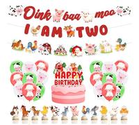 Decorazioni per feste di 2° compleanno con animali della fattoria, include 3 striscioni, 20 palloncini, 13 decorazioni per torte, Oink Baa Moo I Am Two Forniture per feste per ragazzi e ragazze