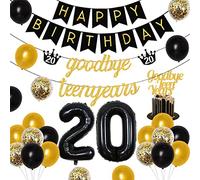 Decorazioni per feste di 20° compleanno, colore nero e oro, per ragazzi e ragazze, con scritta in lingua inglese "Goodbye Teen Years", con glitter, numero 20, palloncini in lattice per compleanno di