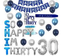 Decorazioni per feste di 30° compleanno blu e argento da uomo - So Happy I'm Thirty Balloons Cake Topper numero 30 Palloncini Foil Balloon Happy Birthday Banner 30 e Fabulous Sash for Him