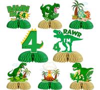 Decorazioni per feste di 4° compleanno con dinosauro, 8 pezzi centrotavola a nido d'ape, decorazioni da tavola a doppio lato per Rawr Im 4 Dinosaur Party, Dino Four Birthday Party Supplies