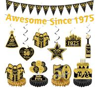 Decorazioni per feste di 50° compleanno oro - 12 pezzi glitter nero oro fantastico dal 1975 banner felice 50° compleanno appeso vortici centrotavola a nido d'ape per 50 anni forniture per feste donne
