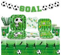 Decorazioni per feste di calcio - incluso striscione per elementi di calcio, piatti, tovaglioli, tazze, tovaglia, forniture per compleanni di calcio per bambini e fan del calcio - per 20 persone