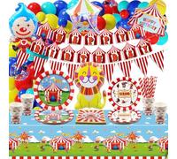 Decorazioni per feste di carnevale del circo per feste di compleanno per bambini, Include bandiera, striscione di compleanno, tovaglia, palloncini, piatti di carta, tovaglioli, bicchieri, per 20
