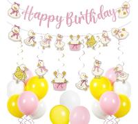 Decorazioni per feste di compleanno a tema anatra, striscione di buon compleanno con ghirlanda, graziosa decorazione a spirale da appendere a forma di anatra rosa e palloncini in lattice per bambine