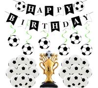 Decorazioni per feste di compleanno a tema calcio, 26 pezzi, nero e bianco, striscioni da calcio, da appendere, trofeo, palloncini in lamina a tema sportivo, forniture per feste a tema per adolescenti