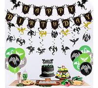 Decorazioni per feste di compleanno a tema drago per ragazzi, decorazioni per feste a tema drago verde e nero, decorazione per torte, ghirlanda di banner di buon compleanno, 12 vortici da appendere a