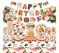 Decorazioni per feste di compleanno a tema sushi, tra cui striscioni di buon compleanno, piatti, tazze, tovaglioli, tovaglie, lanterne di carta, cannucce, per feste a tema sushi