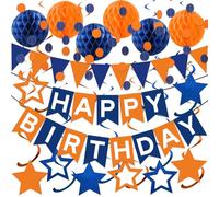 Decorazioni per feste di compleanno blu e arancione: striscione di buon compleanno e palla a nido d'ape, vortici da appendere a stella, ghirlanda a pois, bandierine triangolari, decorazioni di