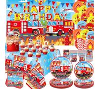 Decorazioni per feste di compleanno camion dei pompieri per accessori per feste camion dei pompieri, piatti, tazze, tovaglioli, tovaglie, sfondo di compleanno, palloncini di torta, decorazioni a tema