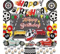 Decorazioni per feste di compleanno con auto da corsa, 32 pezzi, striscione di buon compleanno con bandierine a scacchi per torta a tema moto, per bambini e ragazzi, per feste a tema Let's Go Racing