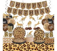 Decorazioni per feste di compleanno con ghepardo con stampa leopardata, tra cui striscione di buon compleanno, decorazioni per torte da appendere, tovaglia, palloncini, per feste safari nella giungla