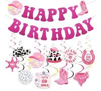 Decorazioni per feste di compleanno cowgirl, decorazioni per feste di cowgirl occidentali, rosa caldo discoteca felice compleanno banner appeso vortice ultimo rodeo addio al nubilato forniture per