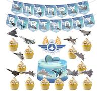 Decorazioni per feste di compleanno dell'aeronautica, striscione a tema jet da combattimento, topper per torte e cupcake, forniture per feste a pilota militare per ragazzi, bambini e adolescenti