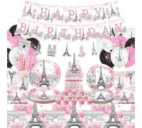 Decorazioni per feste di compleanno di Parigi, decorazione per feste a tema Torre Eiffel, piatti, bicchieri, tovaglioli, tovaglia, striscione di buon compleanno, topper per torte a tema Parigi, 20