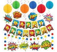 Decorazioni per feste di compleanno eroe Super a tema Cityscape Edifici Buon Compleanno Banner Eroe Appeso Vortici a nido d'ape Centrotavola Cerchio Puntini Ghirlanda per Compleanni Baby Shower