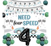 Decorazioni per feste di compleanno per 4° compleanno, sfondo Need for Speed, striscione di compleanno per auto da corsa, palloncino in lamina a scacchi per ragazzi vintage a tema auto da corsa 4 anni
